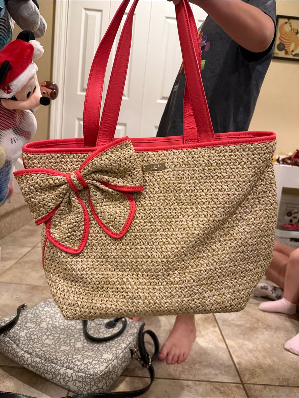 kate spade Natural Straw Tote with Red Trim and Bow